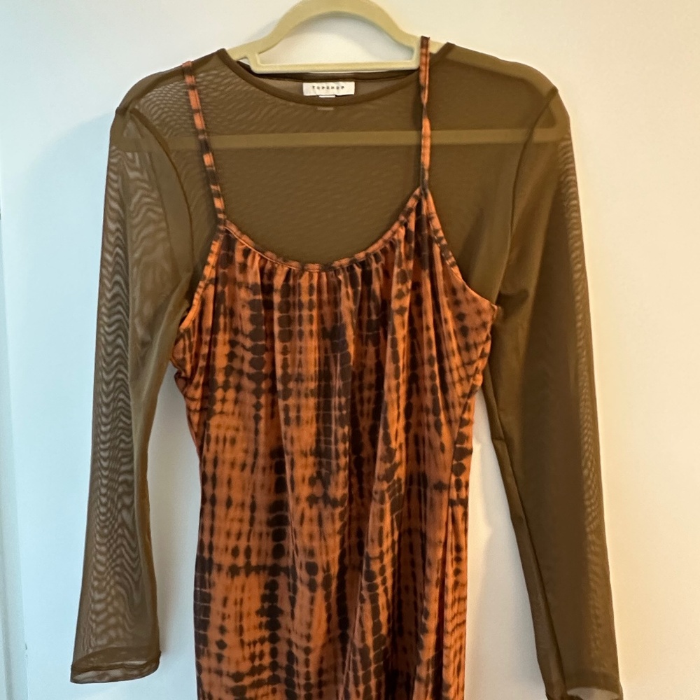 TOPSHOP layered long sleeve mesh midi dress in orange tie dye